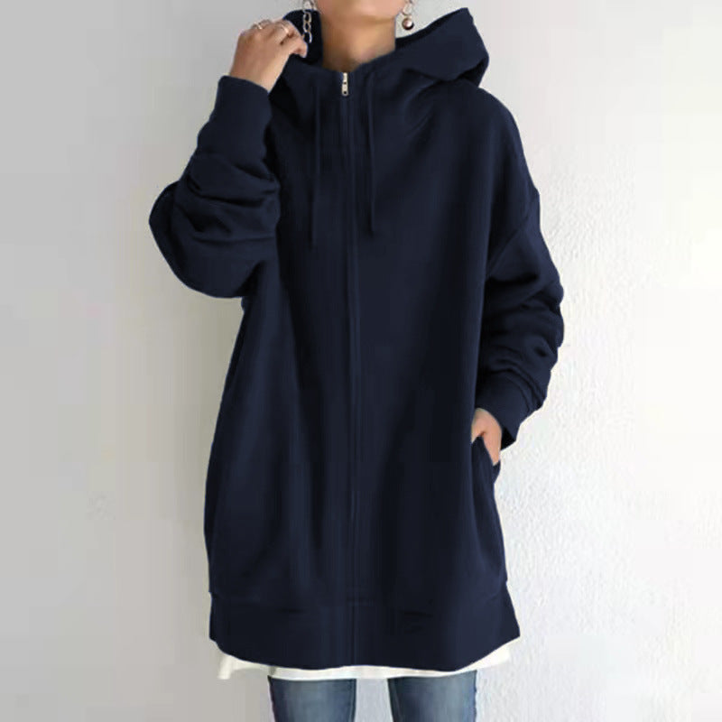 Women Loose Hooded Coats Autumn Female Tie Collar Long Sleeve Zipper Up Add Velvet Long Sweatshirt