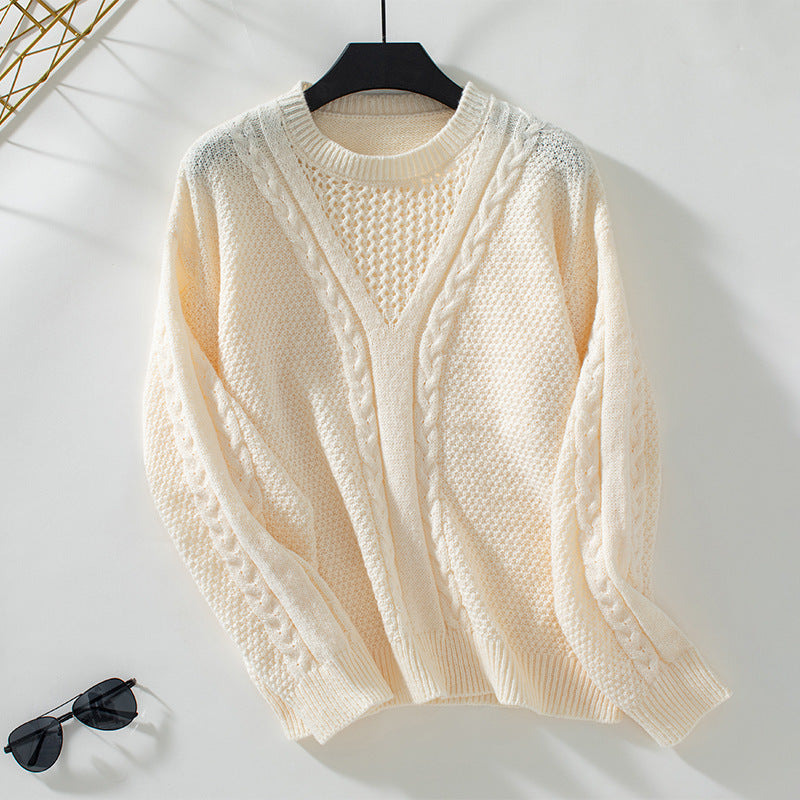 Solid Color Hollow-out Pullover Autumn Winter Retro Knitwear Sweater