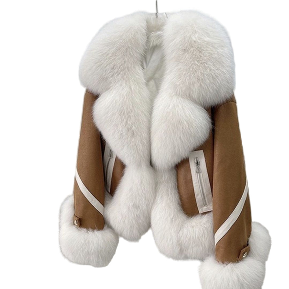 Brown jacket with white fur trim on a light gray background