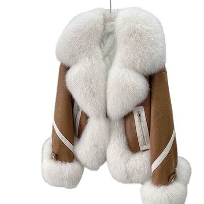 Brown jacket with white fur trim on a light gray background