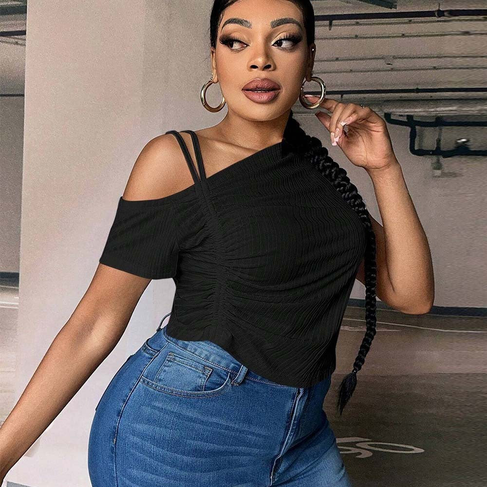 Slim-fit Off-shoulder Diagonal Neckline Solid Color T-shirt