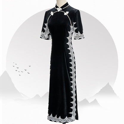 Black Velvet Cheongsam Temperament Retro Dress