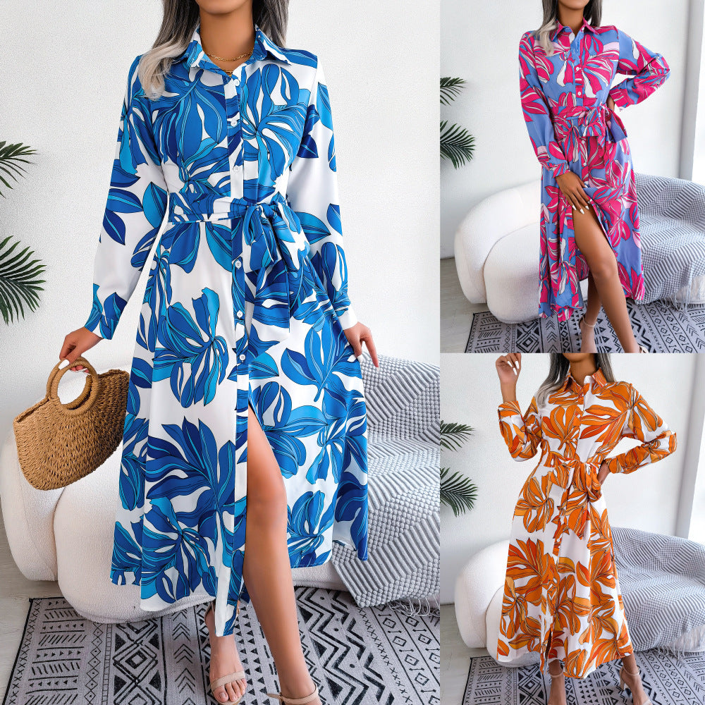 Color Flower Lapel Tied Shirt Dress Long Skirt