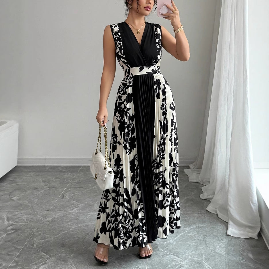 Sleeveless V-neck Color-block Midi Dress
