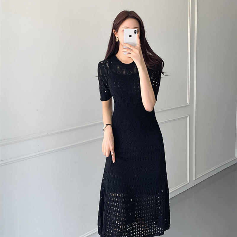 Summer White Short-Sleeve Hollow-Out Knitted Dress For Women