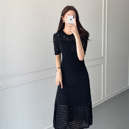 Summer White Short-Sleeve Hollow-Out Knitted Dress For Women