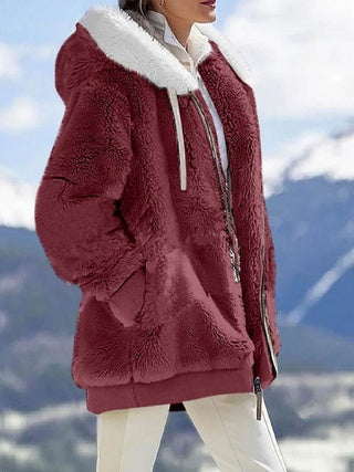 Plush Long Sleeves With Zippered Pockets And Hooded Warm Jacket