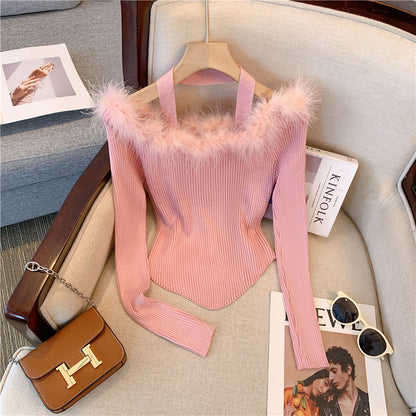 Super Fairy Fur Collar Off-shoulder Pure Hot Girl Sweater Women's Design Sense Niche Off-shoulder Slim Top