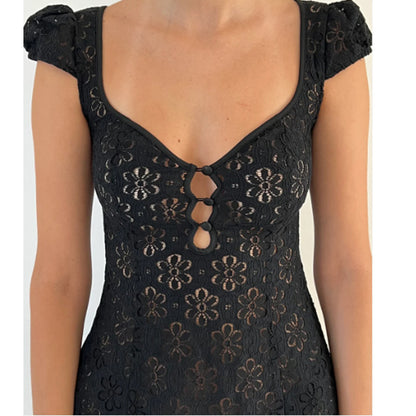 V-neck Short Sleeve Hollow-out Short Dress