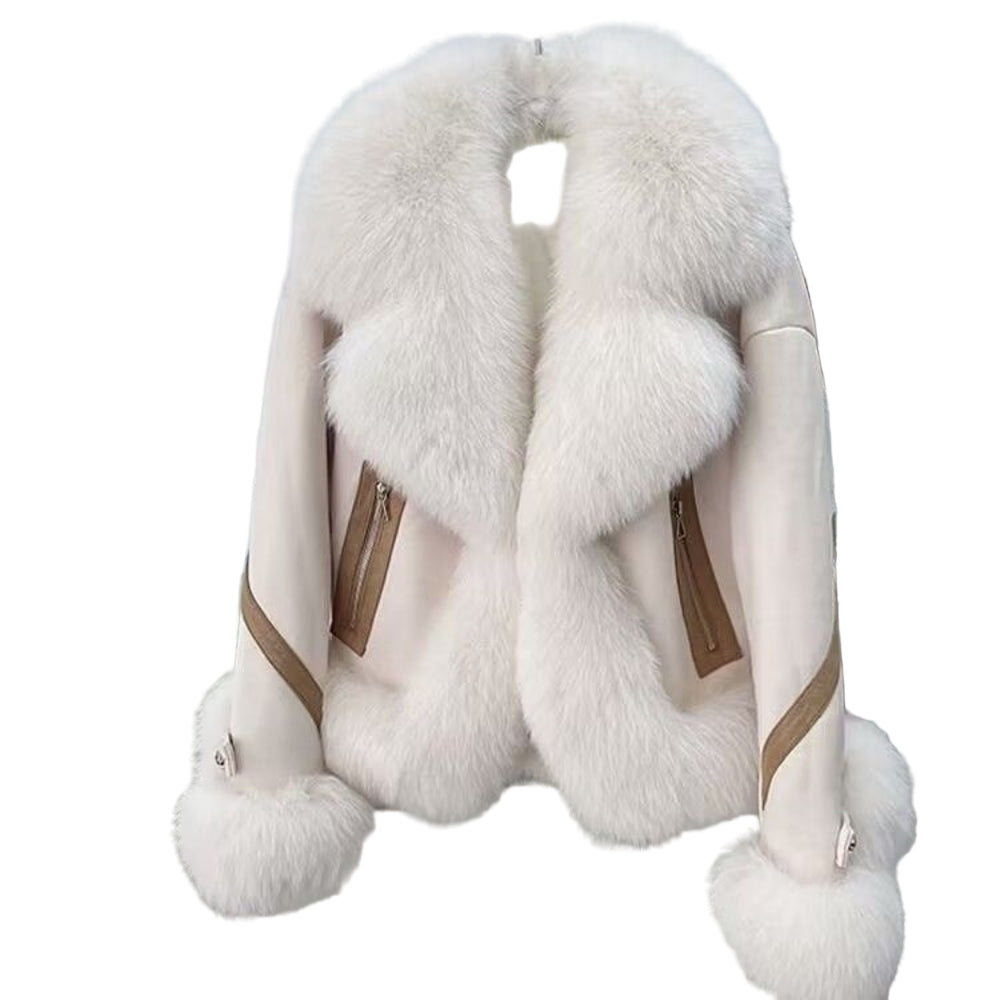 White fur coat with brown accents on a chair