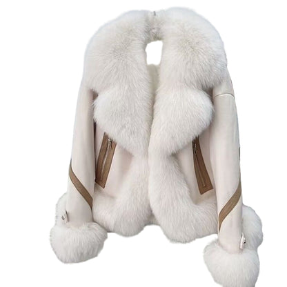 White fur coat with brown accents on a chair