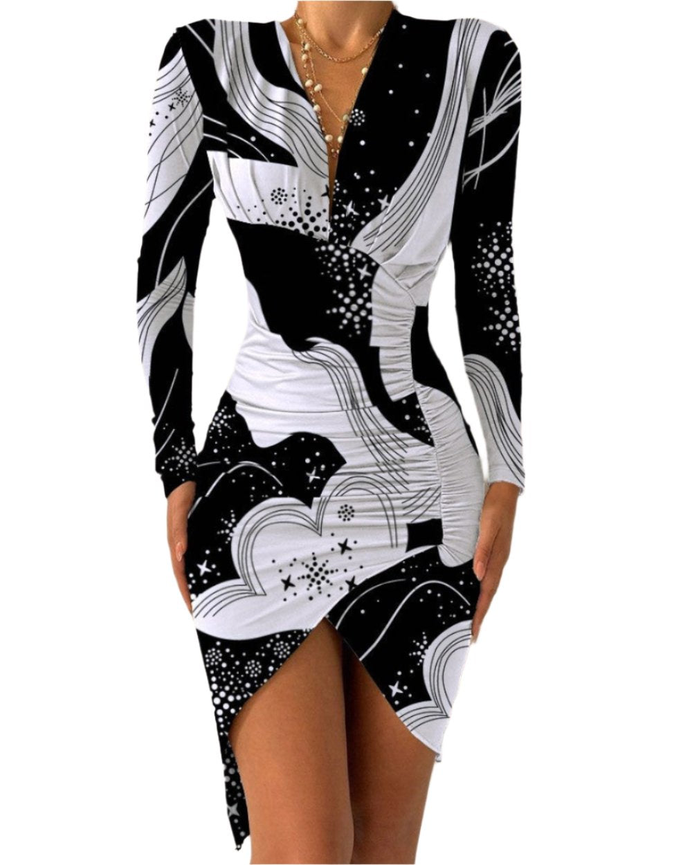 Autumn And Winter Long Sleeve V-neck Printed Tight Split Dress Women's Clothing