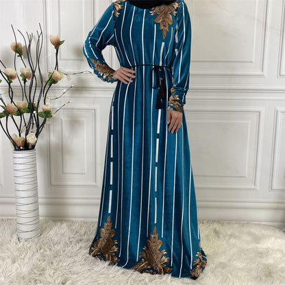 Women's Gold Velvet Print Long Sleeve Dress