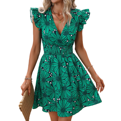 Flowers Print Ruffled Sleeveless Dress