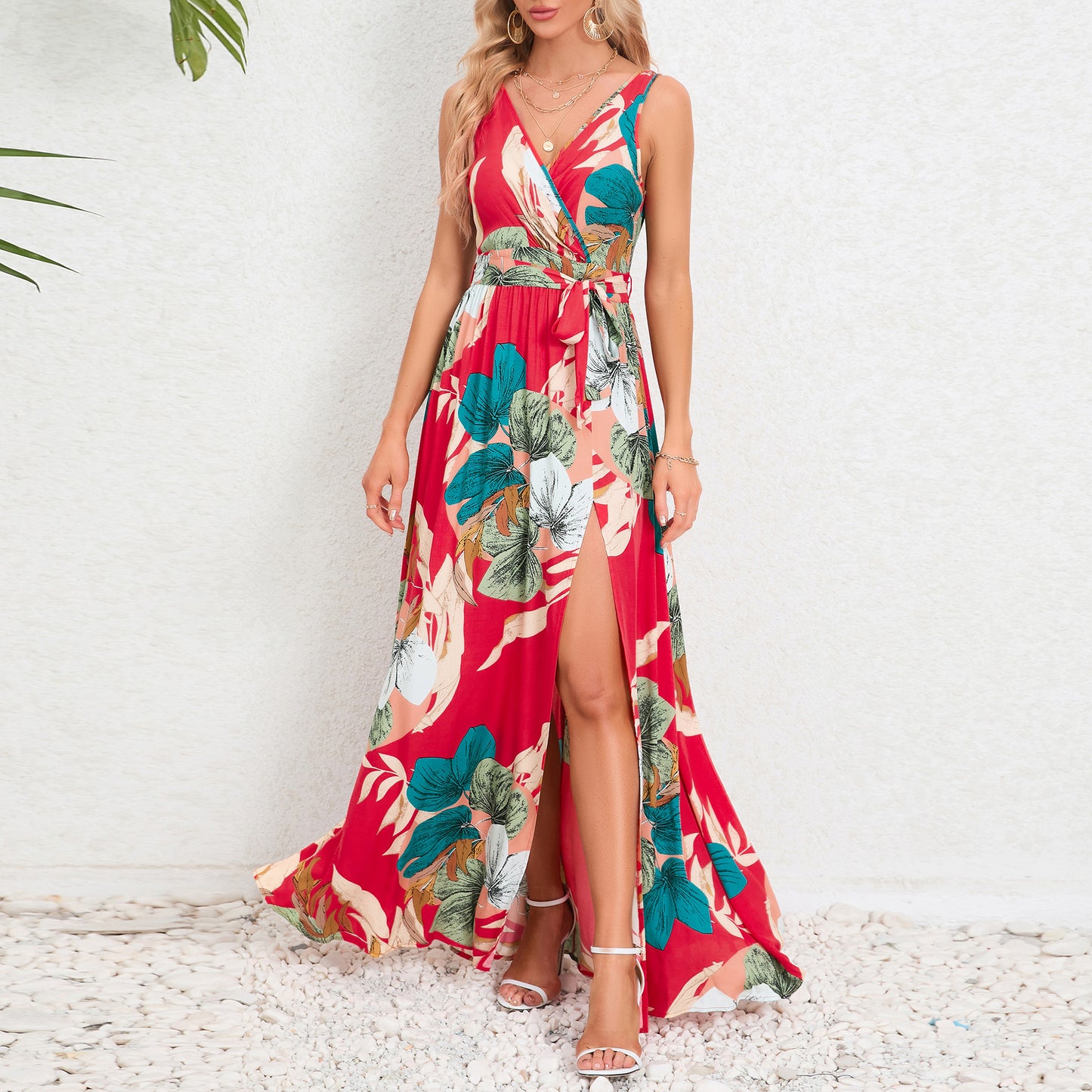 V-neck Floral Print Long Dress Summer Fashion Waist Tie Slit Design.