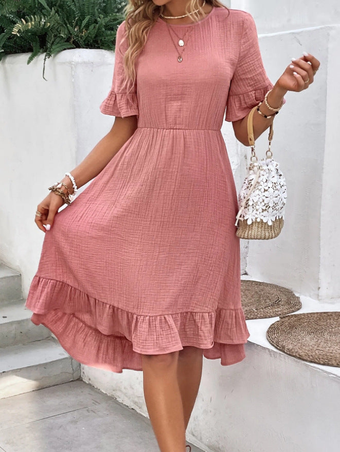 Large Swing Solid Color Waist Tight Casual Pleated Round Neck Flared Short Sleeve Cotton And Linen Dress