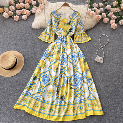 New Vintage Print Off-the-shoulder Long-sleeve Dress