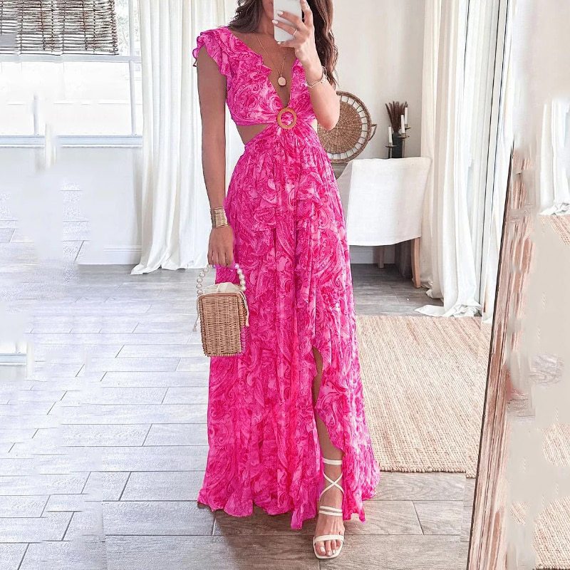 Printed Deep V Midriff Outfit Long Pleated Dress