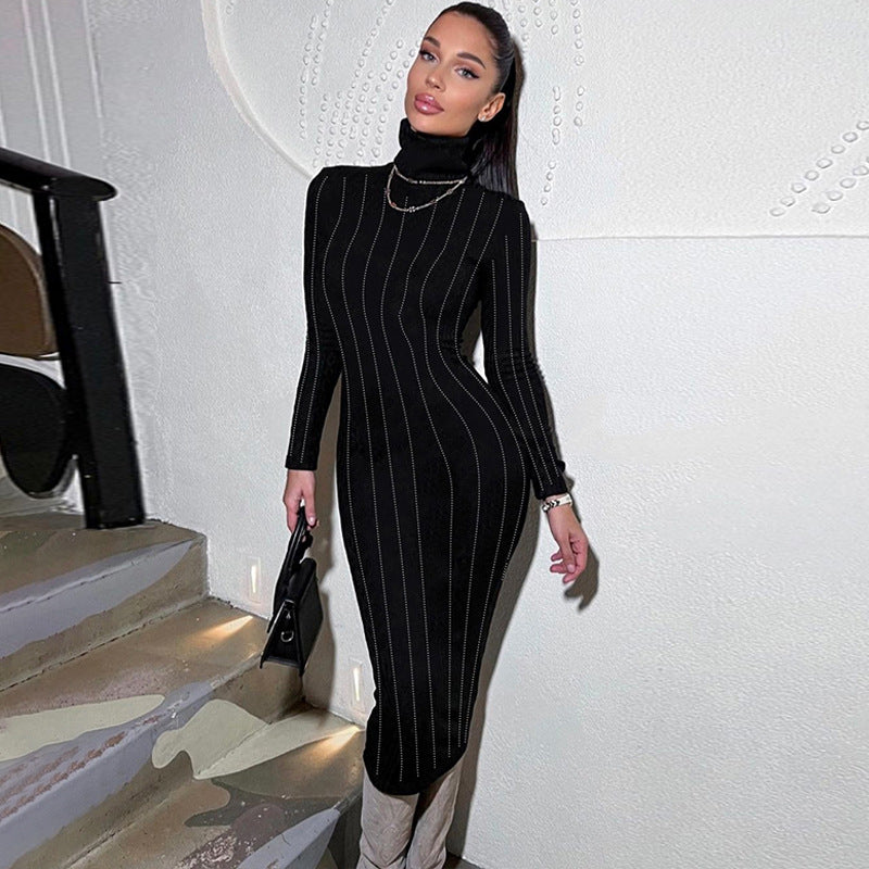 Winter New Fashionable Elegant Rhinestone Slim Fit Turtleneck Long Sleeve Dress Ladies