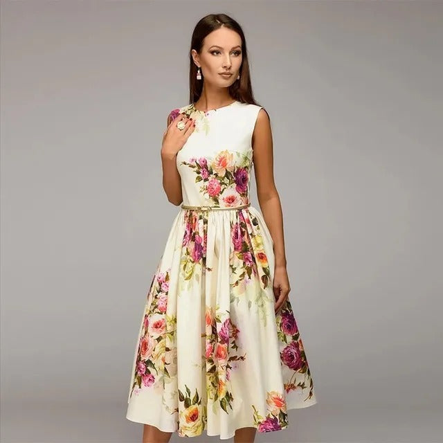 Women's Fashionable Printed Slim-fit Cinched Sleeveless Round Neck Dress