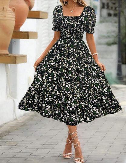 Square Collar Waist-tight Puff Sleeve Layered Dress