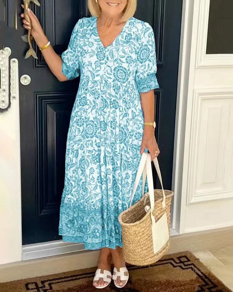 Long Floral Tie Dyed Printed Dress