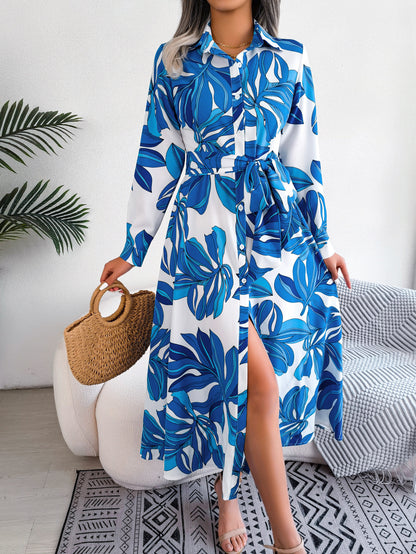 Color Flower Lapel Tied Shirt Dress Long Skirt