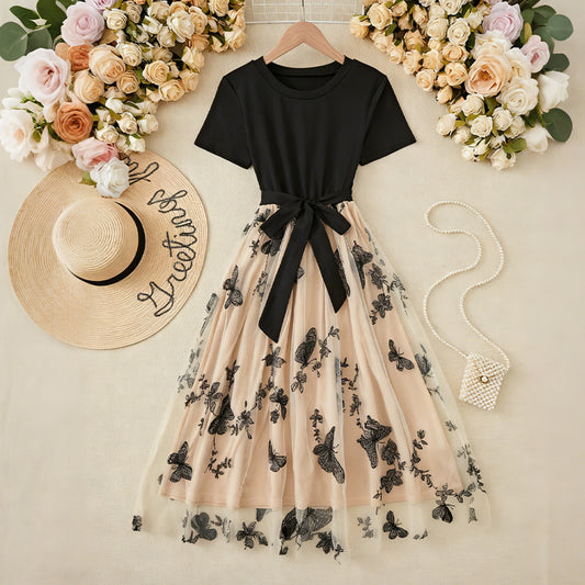 Embroidered Slim Fake Two-Piece Mesh Dress