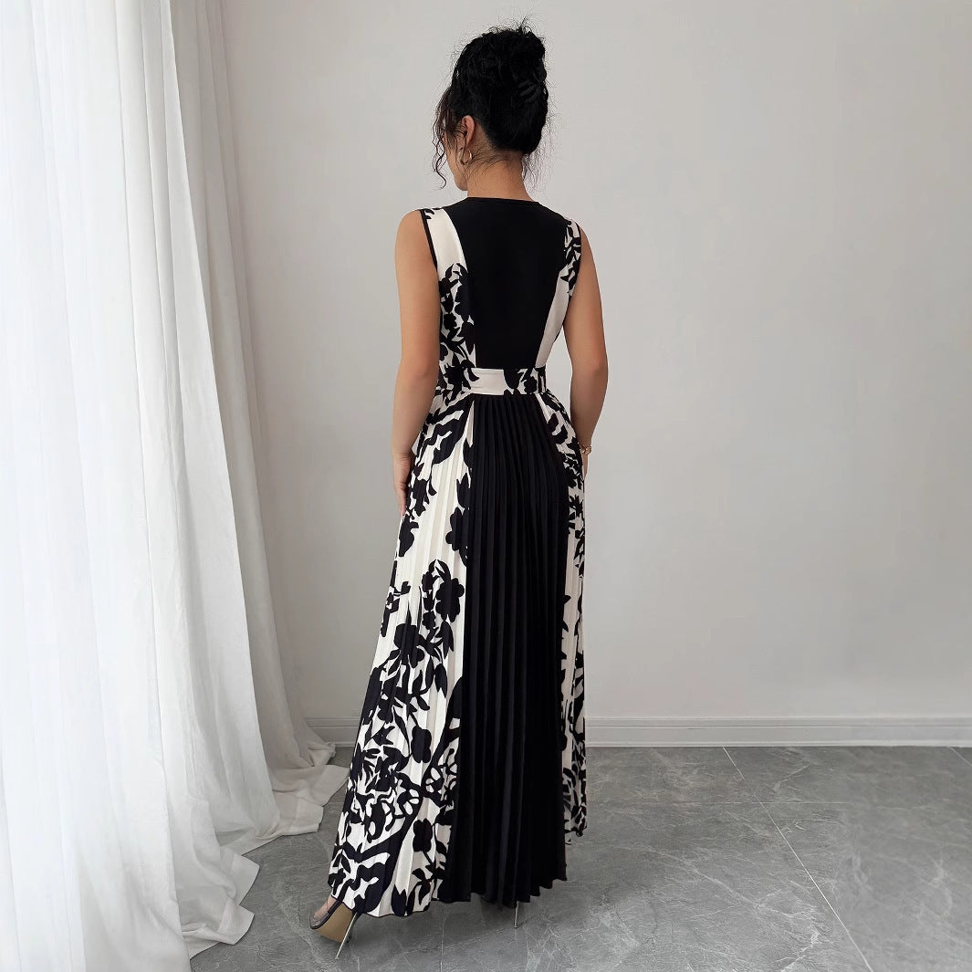 Sleeveless V-neck Color-block Midi Dress