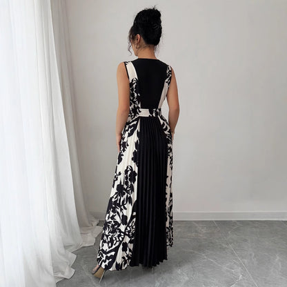 Sleeveless V-neck Color-block Midi Dress