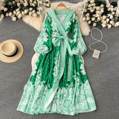 European And American Ins Vintage Court Style Printed Lantern Sleeve V-neck Lace Up Large Swing Dress