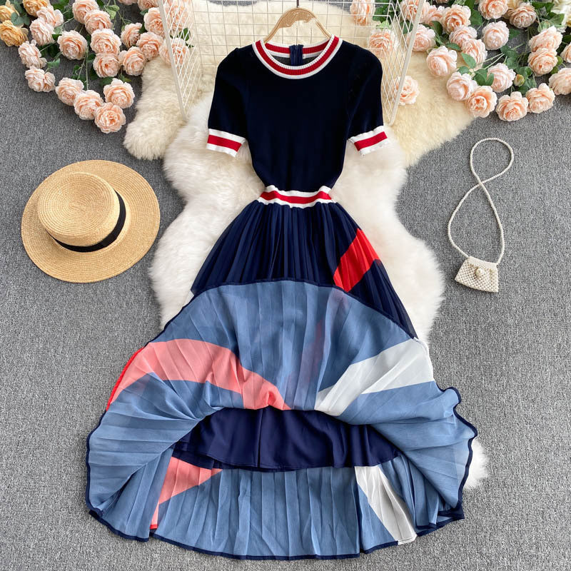 Knitted Short Sleeve Design Colorblock Stripe Panel Dress