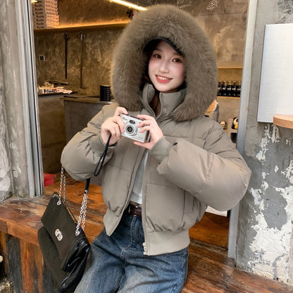Thick Warm Hooded Short Big Fur Collar Loose Petite Cotton-padded Coat