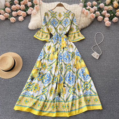 New Vintage Print Off-the-shoulder Long-sleeve Dress