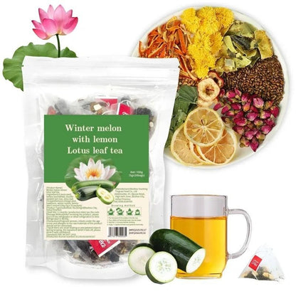 Winter Melon Lotus Leaf Tea 20 Bags- Oil-Removing And Fat-Reducing Tea. Contains Chrysanthemum, Winter Melon, Tangerine Peel, Cassia Seed, Hawthorn, Buckwheat, Double Red Rose, Lotus Leaf, And Lemo