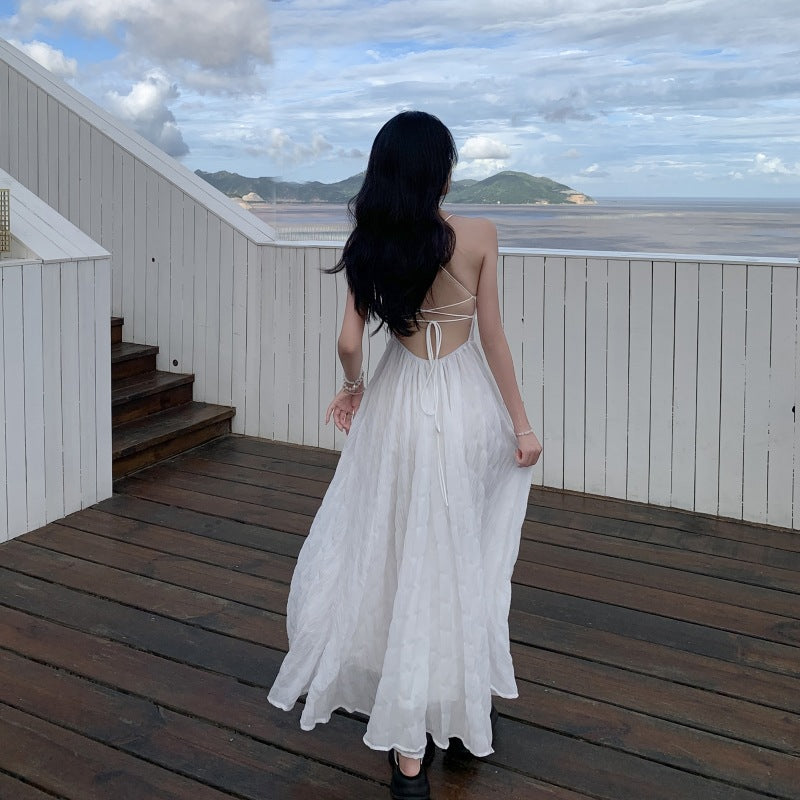 Summer Seaside Waves A Blue Sheer Vacation-style Backless Dress