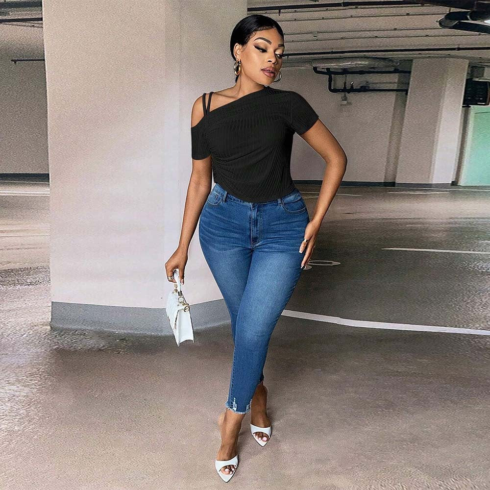 Slim-fit Off-shoulder Diagonal Neckline Solid Color T-shirt