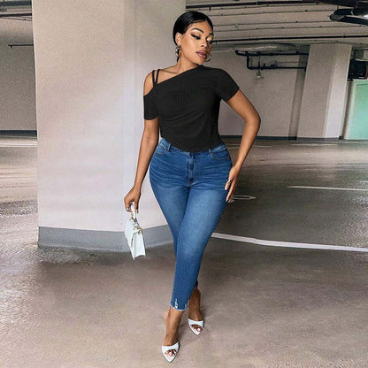 Slim-fit Off-shoulder Diagonal Neckline Solid Color T-shirt