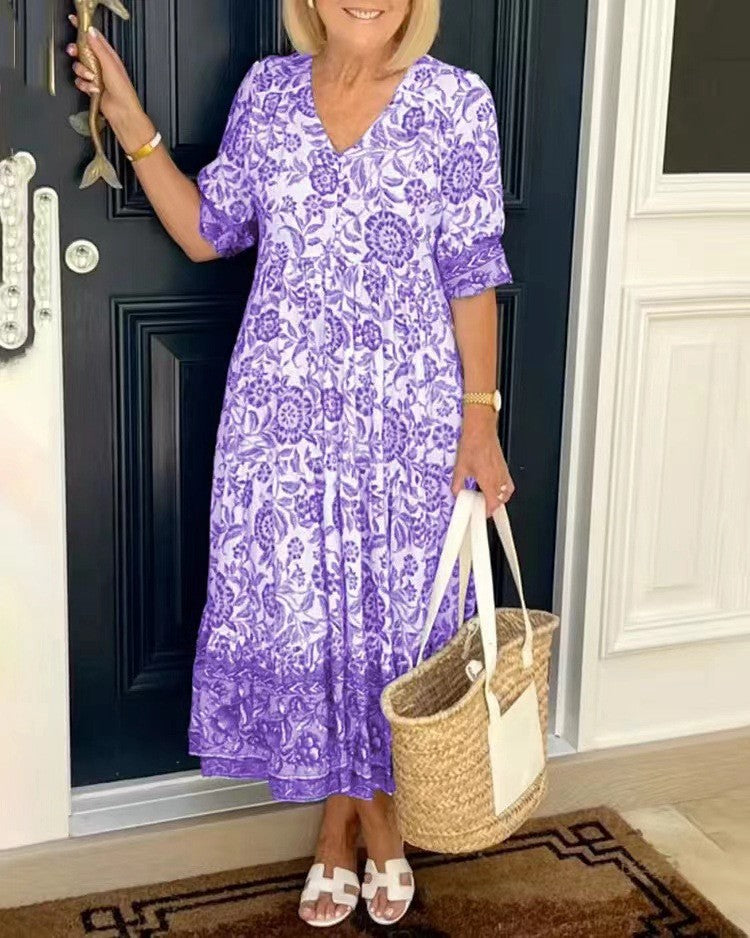 Long Floral Tie Dyed Printed Dress