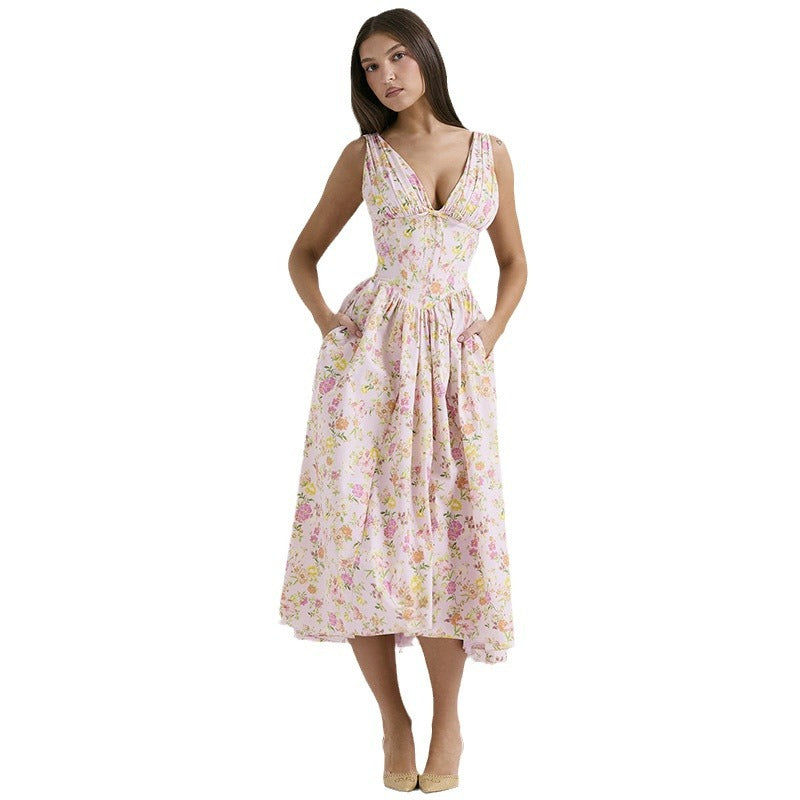 Women's Summer Pleated Small Floral Tight Waist Large Swing Dress