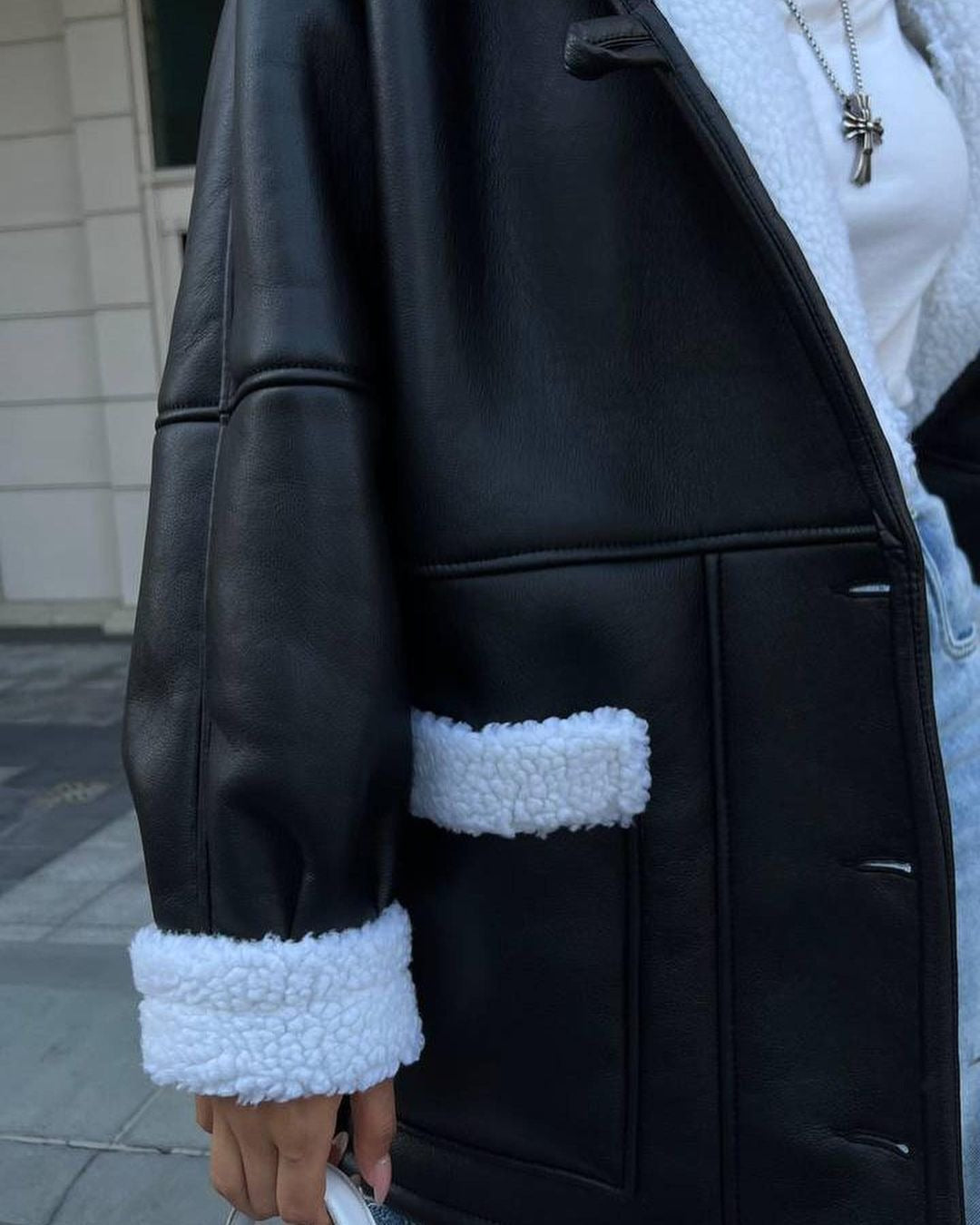 Leather Style Long Sleeve Splicing Coat Women