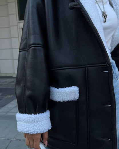Leather Style Long Sleeve Splicing Coat Women