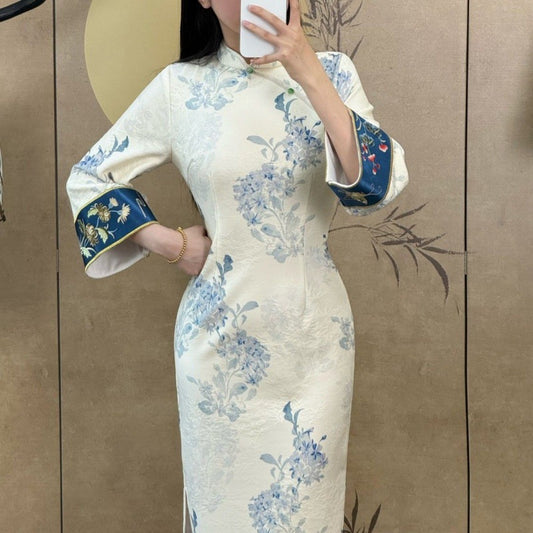 Fleece-lined Cheongsam Improved Young Printed Slim Fit Dress