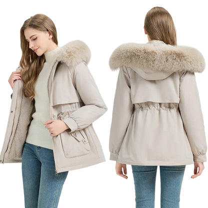 Beige parka with fur hood worn by a model on a white background