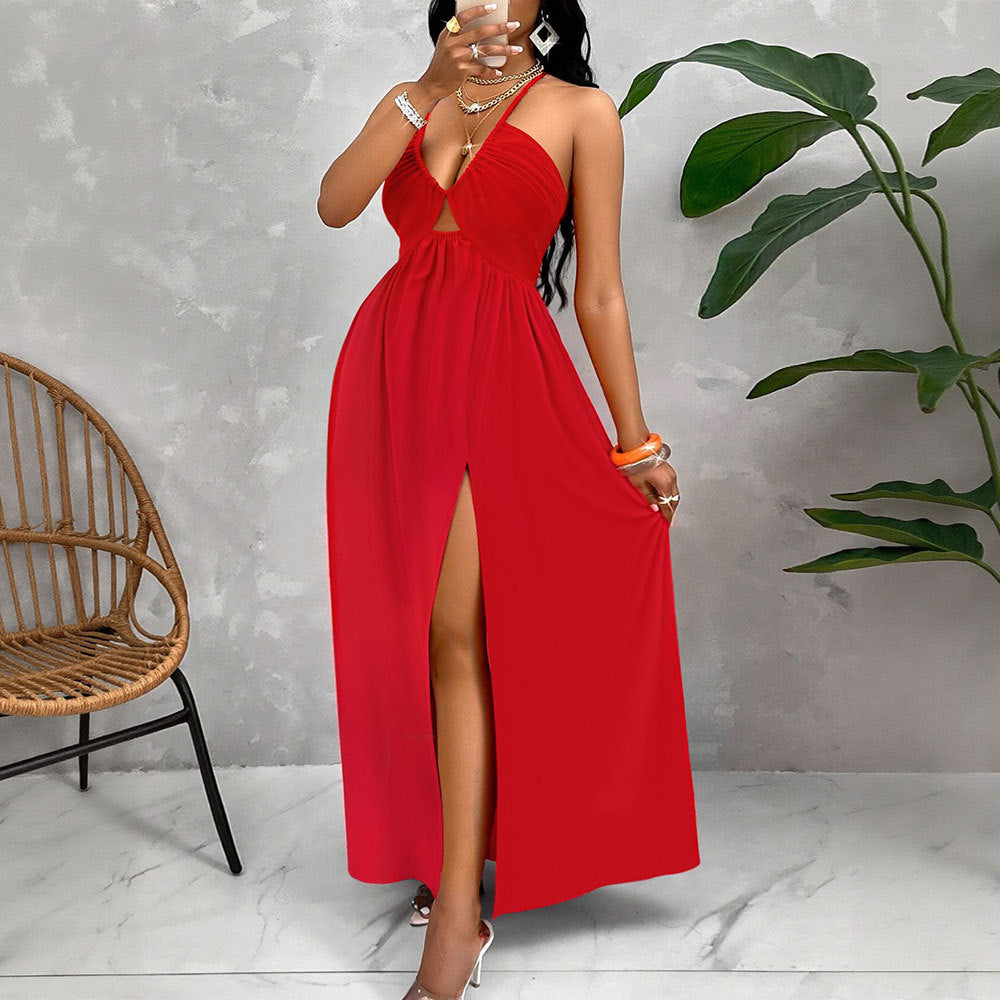 Deep V-neck Drawstring Halter Dress