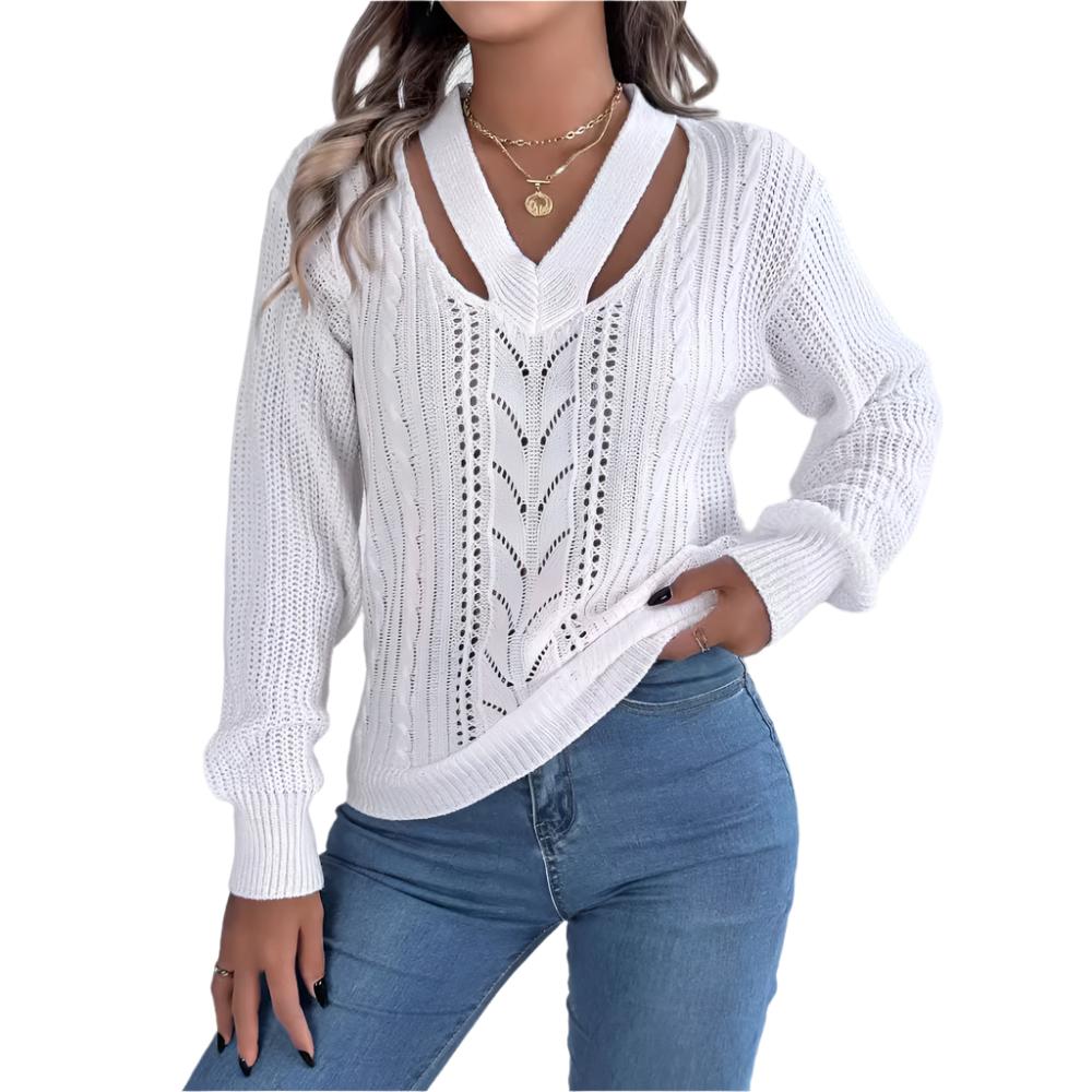 Hollow Out V-neck Twist Lantern Sleeve Pullover Sweater