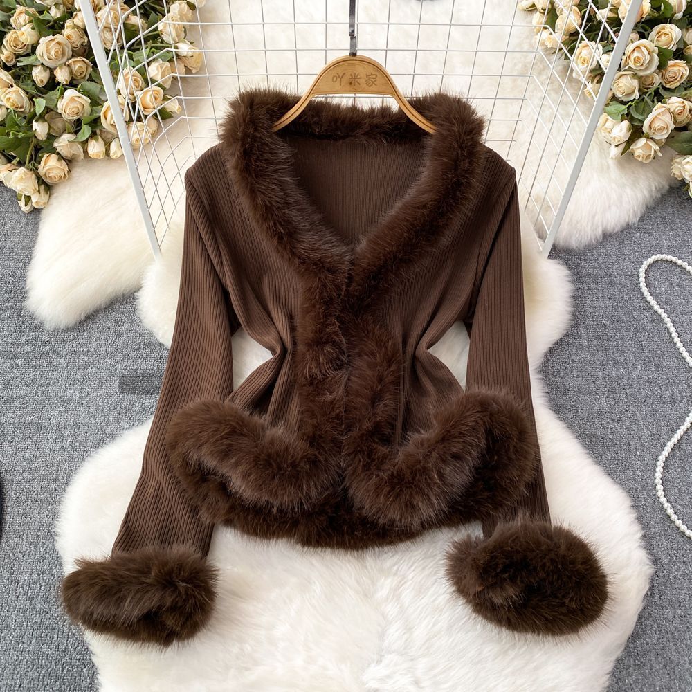 V-neck Stitching Bell Sleeve Slim Slimming And Simple Sweater