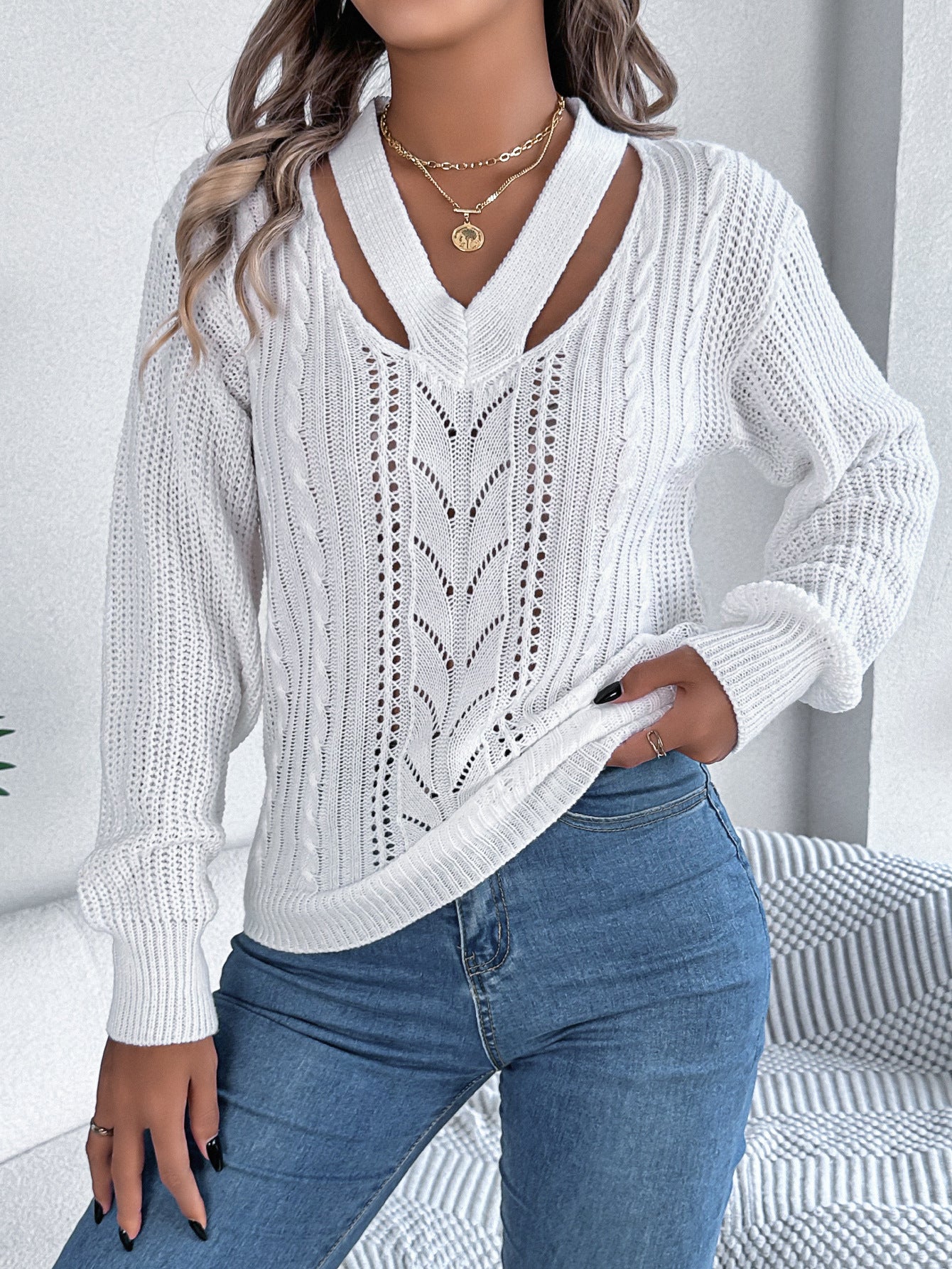 Hollow Out V-neck Twist Lantern Sleeve Pullover Sweater