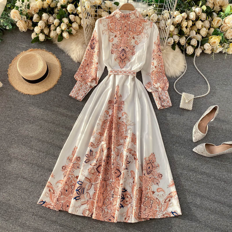 Dark Retro Palace Style Print Temperament Slim Mid-length Dress