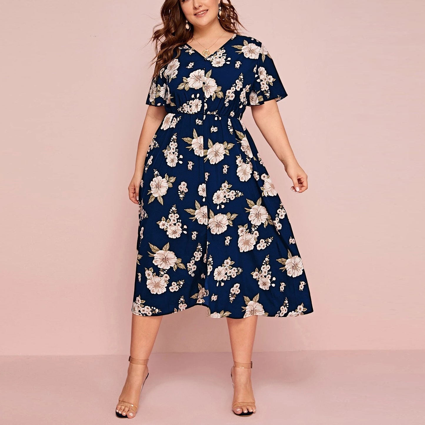 Women's Floral Print V-Neck Short Sleeve Dress